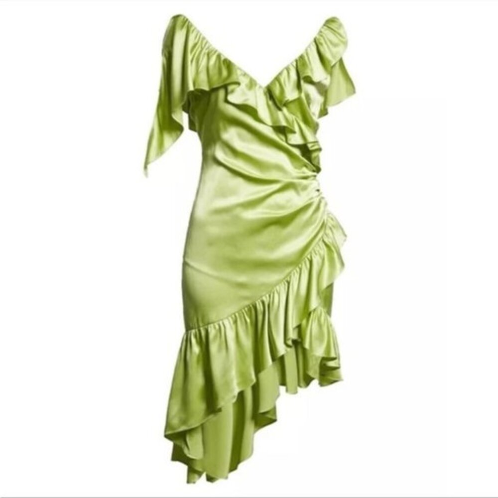 Cinq a Sept Petunya Ruffle Silk Slip Dress Prickly Pear Green Size 4